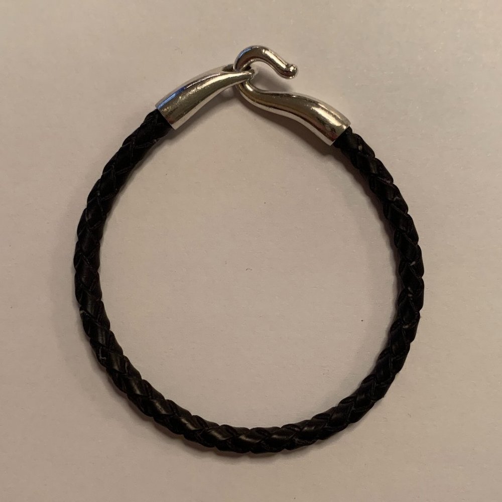 Mens leather braided bracelet with silver hook clasp